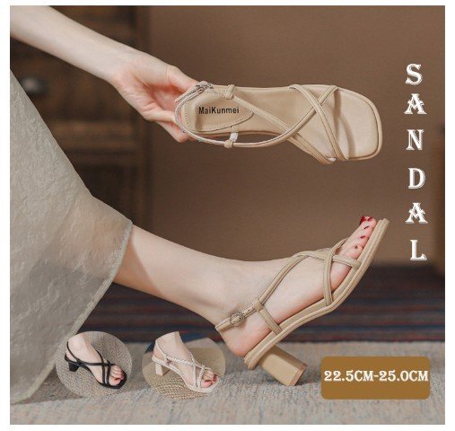 ベルト サンダル チャンキーヒール 太ヒール 安定感 美脚 シューズ シンプル 22.5cm(35) アプリコット拍卖