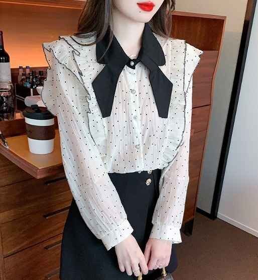 長袖シャツ フリルシャツ カジュアル かわいい レトロ ドット柄 秋冬【大きいサイズあり】 2XL ベージュ拍卖