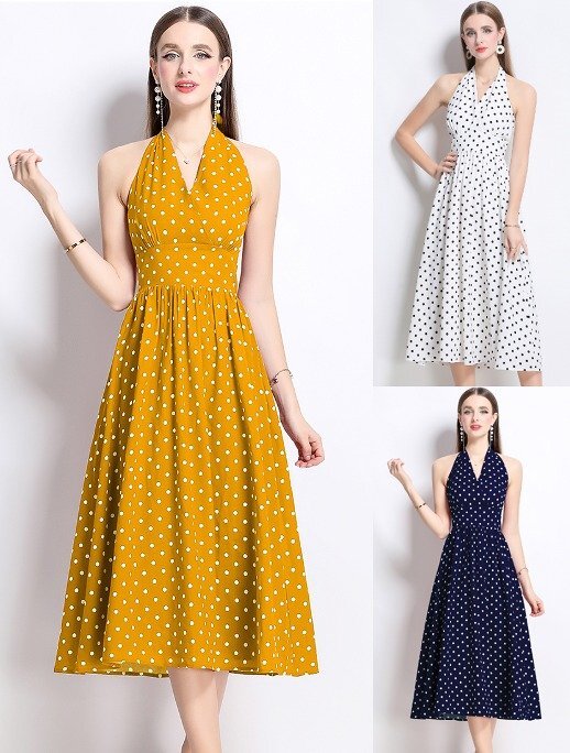 ロングワンピース ノースリーブ 袖なし フレアスカート ドット柄 L ホワイト拍卖