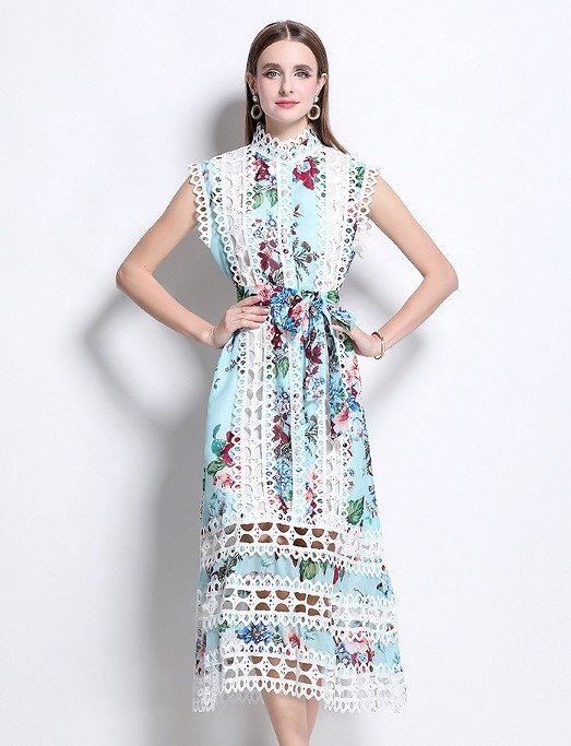 ロングワンピース ノースリーブ 袖なし 透け感 花柄 きれいめ ドレス 二次会 披露宴 懇親会 パーティー L ブルー拍卖