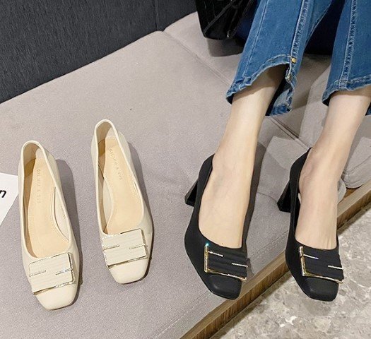 【高品質】全2色 スリッポン ローファー モカシン 太いヒール 切り替え 無地 シンプル 38 ベージュ拍卖