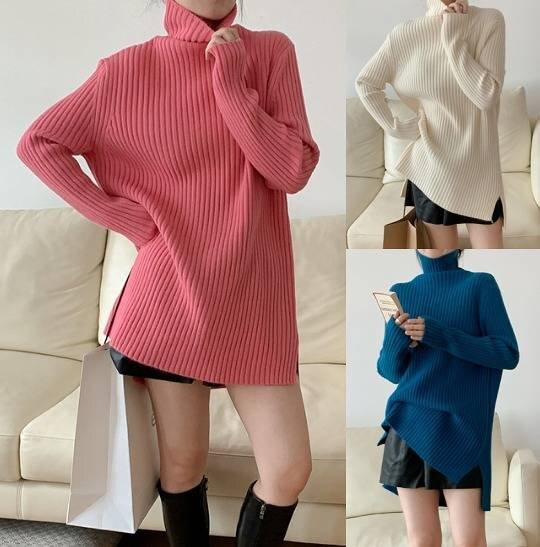 全8色 ニットトップス 厚手 長袖 ハイネック カジュアル シンプル ロング丈 フリー オフホワイト拍卖