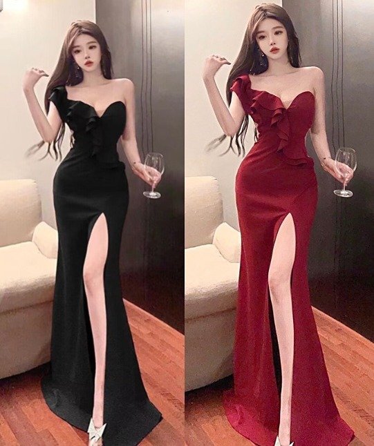 ロングドレス キャバクラドレス ノースリーブ 袖なし 肩見せ フリル 二次会 披露宴 懇親会 パーティードレス S ワインレッド拍卖