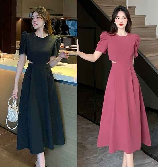 全2色 半袖ワンピース フリル 切り替え スリム 着痩せ 【大きいサイズあり】 XL ブラック拍卖