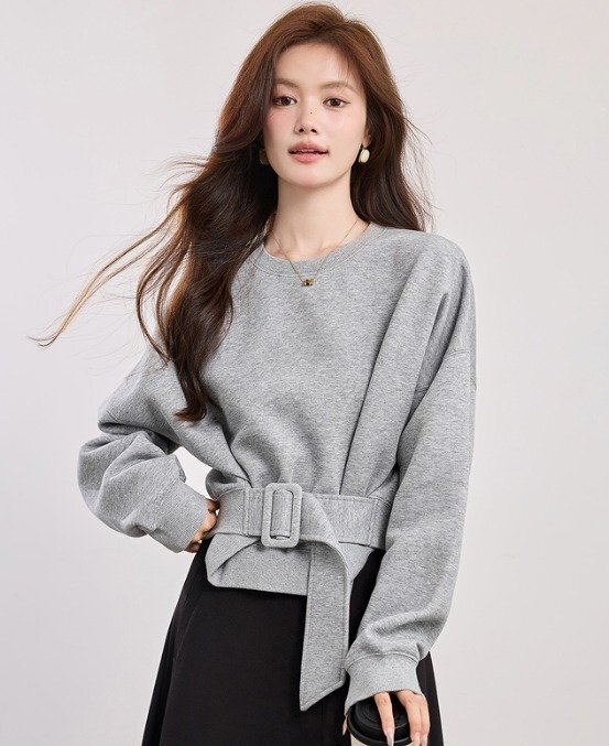 スウェット トレーナー ショット丈 長袖 切り替え 体型カバー 着痩せ S グレー拍卖