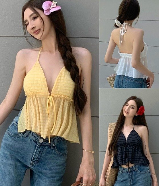 トップス キャミソール シャツ ブラウス ノースリーブ 袖なし 裾フリル ショートトップス フリー イエロー拍卖