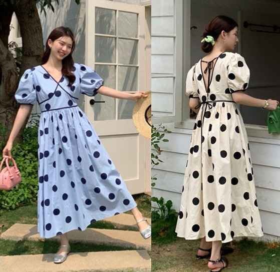 全2色 半袖ワンピース フリル バックオープン ロングワンピ ドット柄 シンプル フリー ブルー拍卖