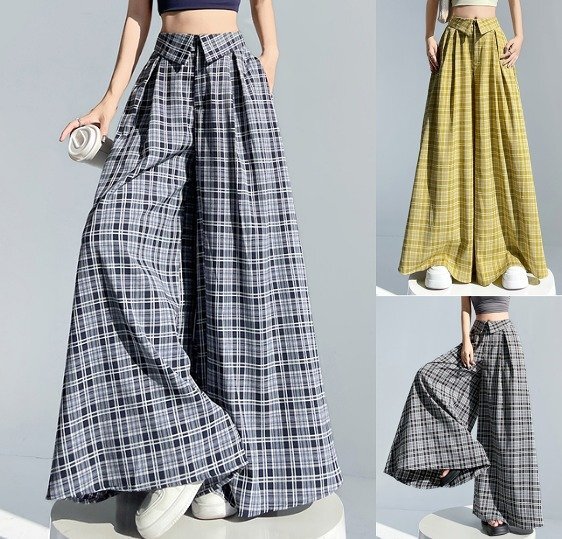 ワイドパンツ バギーパンツ ガウチョパンツ ギンガムチェック 格子柄 チェック柄 シンプル カジュアル M ダークブルー拍卖