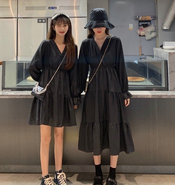 全2色 長袖ワンピース フリル 切り替え 体型カバー 着痩せ Vネック 3XL 色品番1拍卖