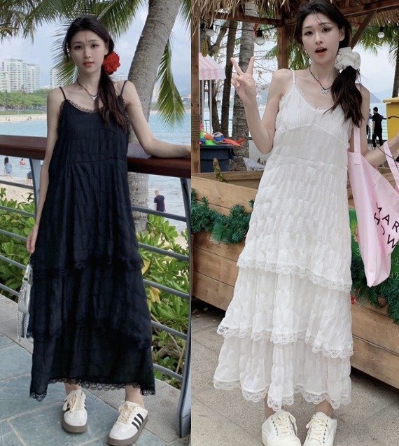 ロングワンピース キャミワンピース ノースリーブ 袖なし フリル フェミニン リゾート かわいい キュート M ブラック拍卖