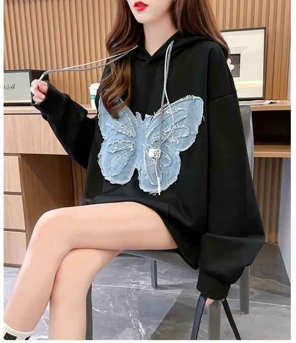 長袖パーカー カジュアル かわいい 蝶 レディース 裏起毛付き L グレー拍卖