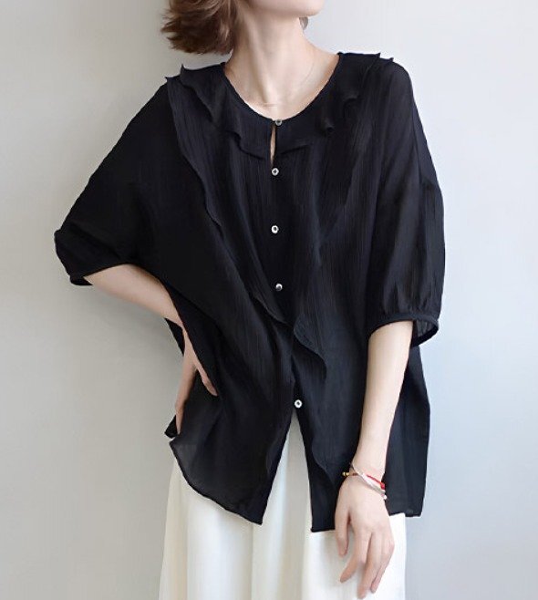 トップス シャツ ブラウス 五分袖 シンプル カジュアル レディース M ブラック拍卖