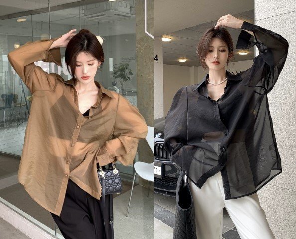 【高品質】全2色 長袖シャツ ボリューム袖 日焼け止め 切り替え 体型カバー 着痩せ シンプル フリー ブラック拍卖