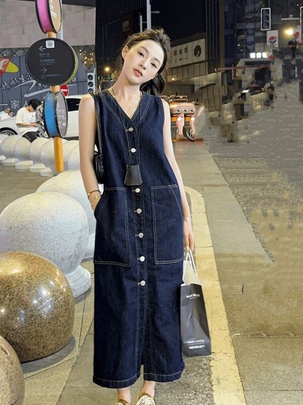 ロングワンピース デニムワンピース ノースリーブ 袖なし シンプル カジュアル レディース L ブルー拍卖