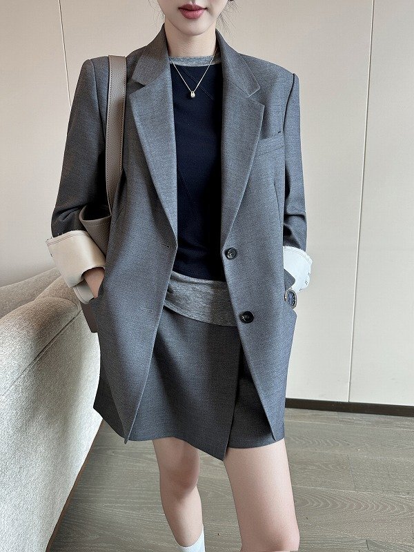 ブレザー 長袖 切り替え 体型カバー 着痩せ スーツ M グレー拍卖