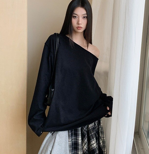 長袖トップス シャツ ゆったり シンプル カジュアル レディース S ブラック拍卖