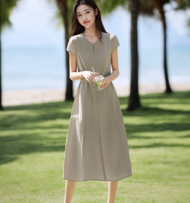 ひざ丈ワンピース ミディアム丈ワンピース 半袖 無地 フレアスカート シンプル カジュアル レディース L グレー拍卖