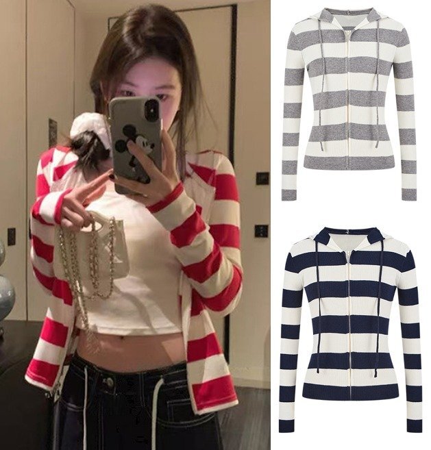 長袖トップス 切り替え バイカラー スリム 着痩せ ボーダー柄 M レッド拍卖