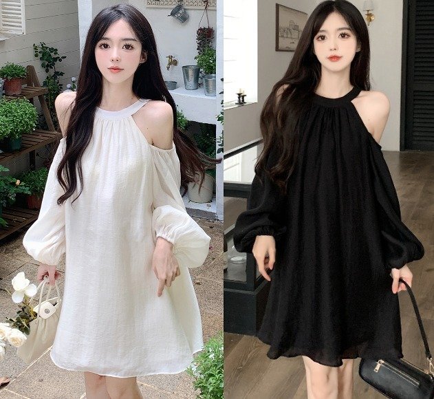 ワンピース フリル オフショルダー 切り替え 体型カバー 着痩せ M ブラック拍卖