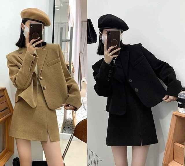 上下2点セット セットアップ 長袖ジャケット+ミニスカート かわいい XL ブラック拍卖