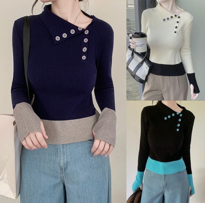 長袖トップス 切り替え バイカラー スリム 着痩せ カットソー フリー ブラック拍卖