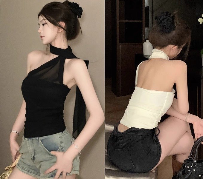 ノースリーブトップス ショット丈 切り替え スリム 着痩せ sweet系 M ブラック拍卖