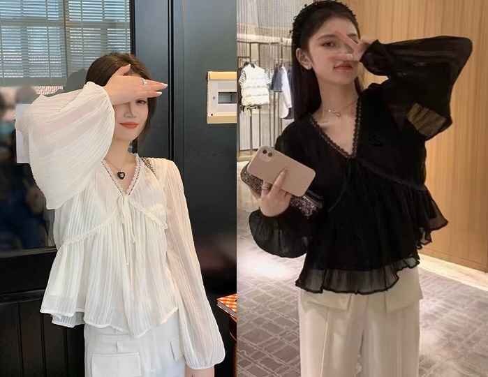 長袖シャツ 長袖ブラウス きれいめトップス ゆったり フリル Vネック M ブラック拍卖