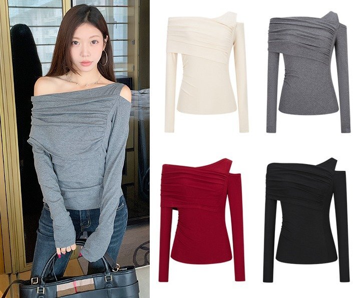 長袖トップス 切り替え スリム 着痩せ シンプル S グレー拍卖