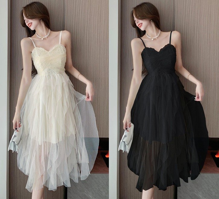 ロングワンピース キャミワンピース フリル チュールスカート ドレス 二次会 披露宴 懇親会 パーティー レディース M ブラック拍卖