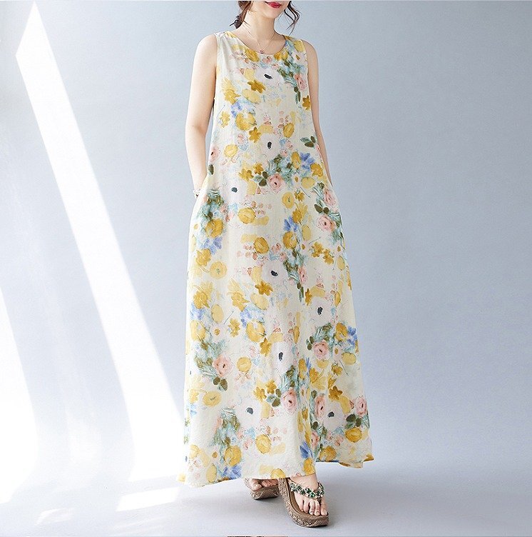 ロングワンピース ノースリーブワンピース 袖なし 花柄 かわいい マキシ丈 レディース 2XL イエロー拍卖