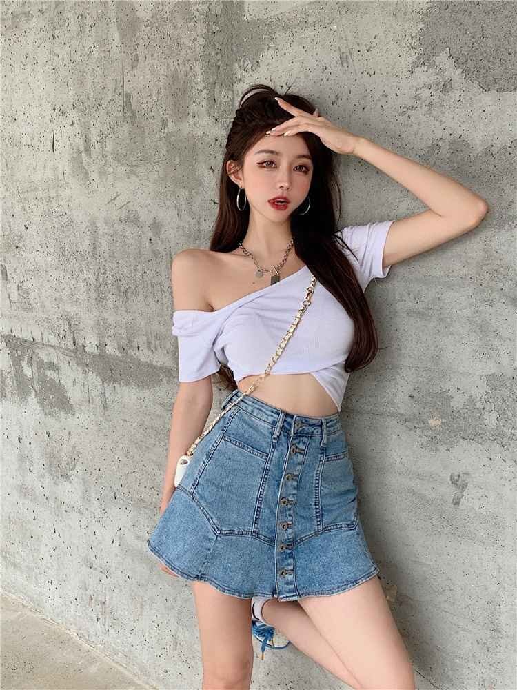 レトロ ボタン デニム ミニスカート ハイウエスト フィッシュテールスカート S ブルー拍卖