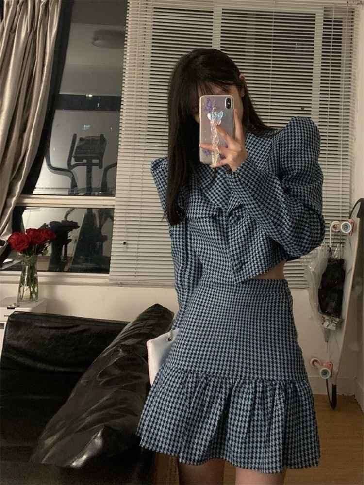 上下セット 千鳥格子 スーツ 大人気 ミニスカート 長袖 S ワンカラー拍卖