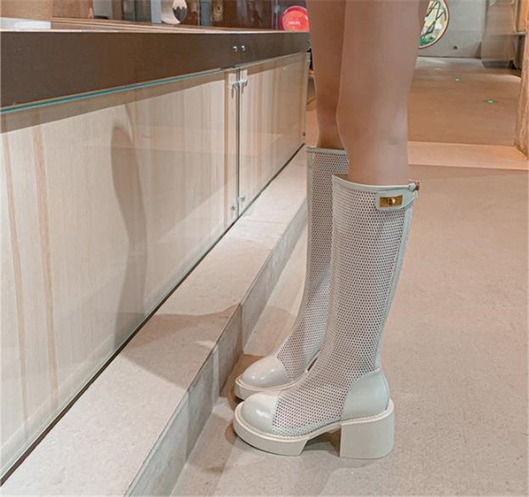 ロングブーツ レザー 太いヒール レーヨン 39 オフホワイト拍卖