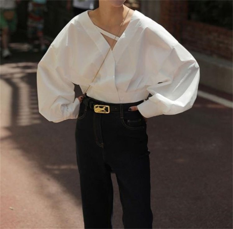 トップス シャツ ブラウス パフスリーブ 長袖 Vネック シンプル カジュアル レディース S ホワイト拍卖