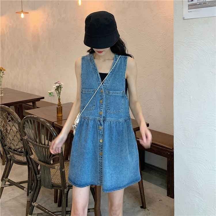 デニムワンピ ノースリーブ フリル 切り替え 体型カバー 着痩せ デニム 【大きいサイズあり】 sweet系 5XL ブルー拍卖