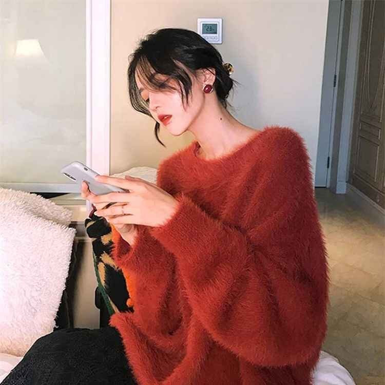 ニットトップス セーター 厚手 暖かさ ランタンスリーブ ゆったり感 フリー オレンジレッド拍卖