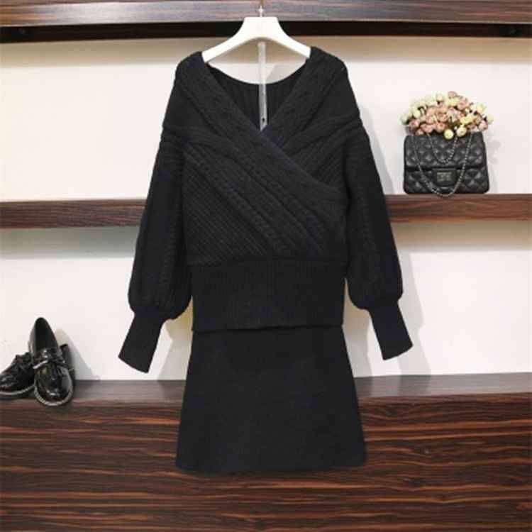 ニットトップス スリム セーター ミニスカート 2点セット 2XL ブラック拍卖