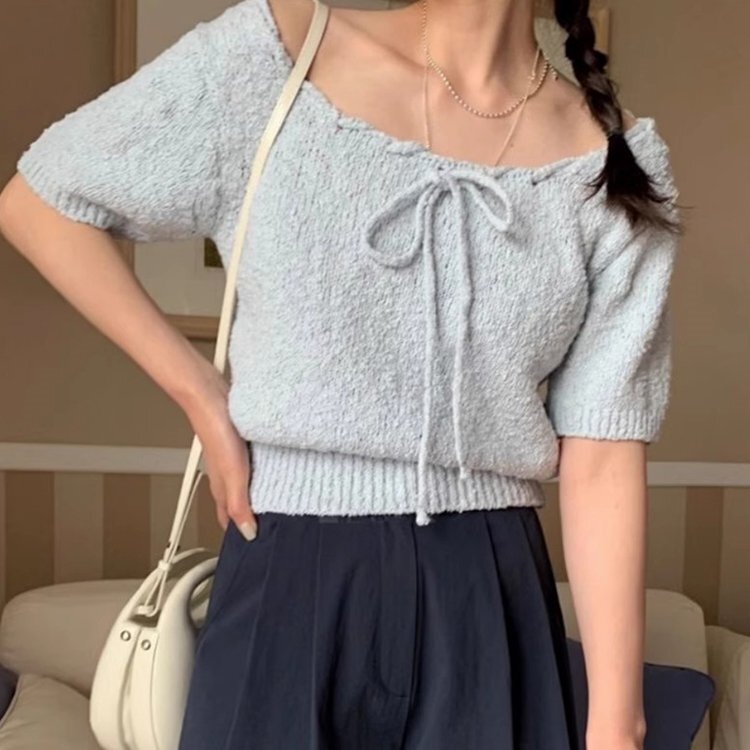 ニットトップス Tシャツ レディース リボン 韓国 バブルスリーブ フリー ピンク拍卖