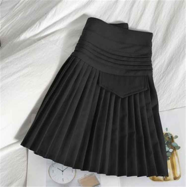 春夏 スリム ミニスカート 無地 プリーツスカート 学生 S ブラック拍卖