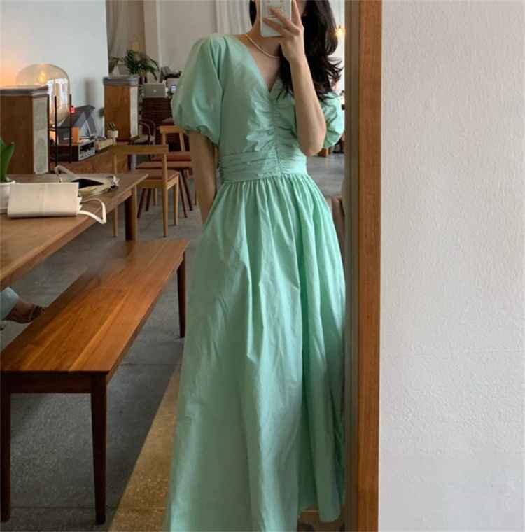 パフスリーブ Vネック ワンピース ロングスカート スリム S ダークブラウン拍卖