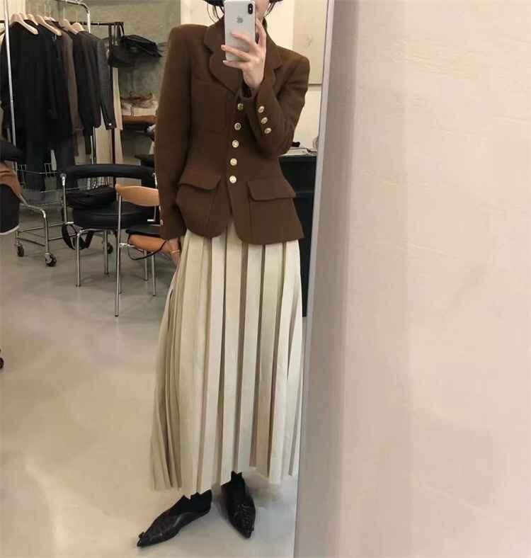 ハイウエスト 大人気 コート スーツ ロングスカート プリーツスカート S ブラウン(コート)拍卖