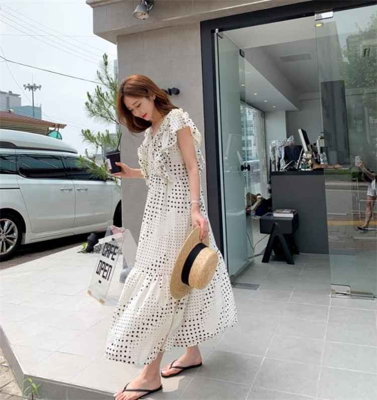 ドット柄 かわいい系 フリル スリーブ ワンピース ロングスカート Vネック フリー ホワイト拍卖