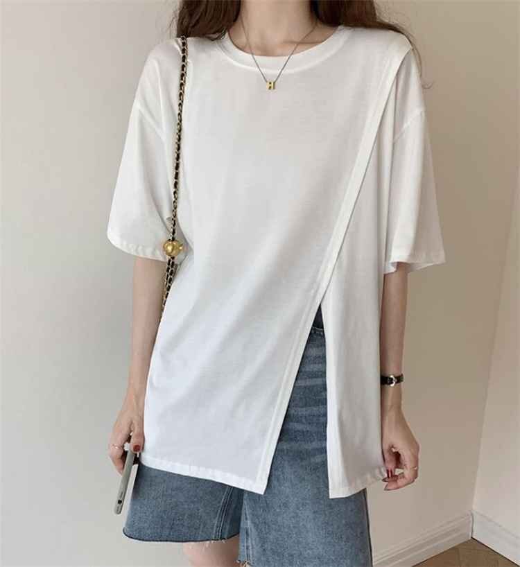 スプリット シンプル スリム カジュアル Tシャツ 半袖 トップス M ブラック拍卖