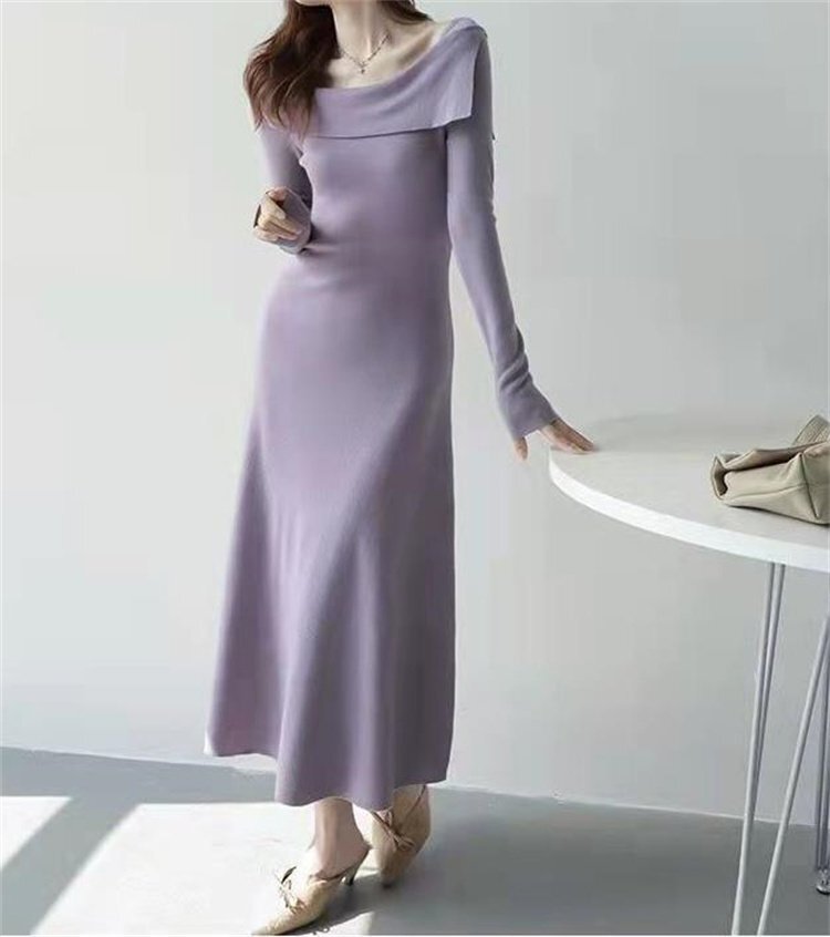 ロングワンピース ニット 長袖 きれいめ 上品 シンプル カジュアル お出かけ かわいい デート L パープル拍卖