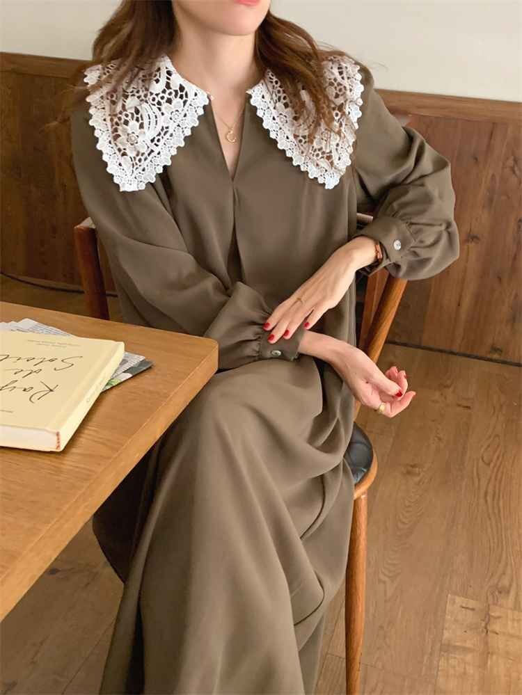 レース 襟付き ロングスカート 長袖 ワンピース ストール Vネック エレガント フリー ブラック拍卖