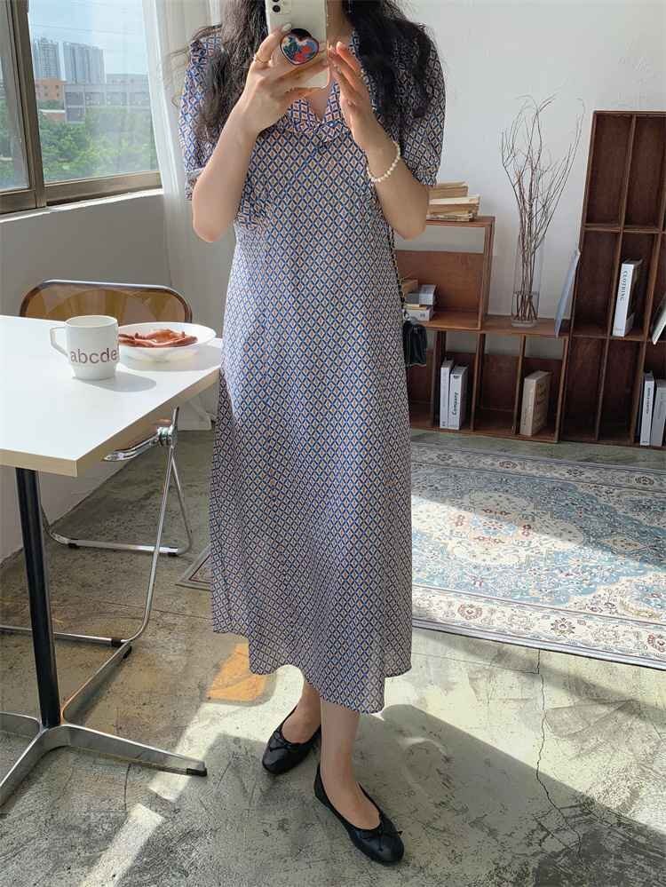 フローラル スリム Vネック ロングスカート 半袖 ワンピース S ブルー拍卖