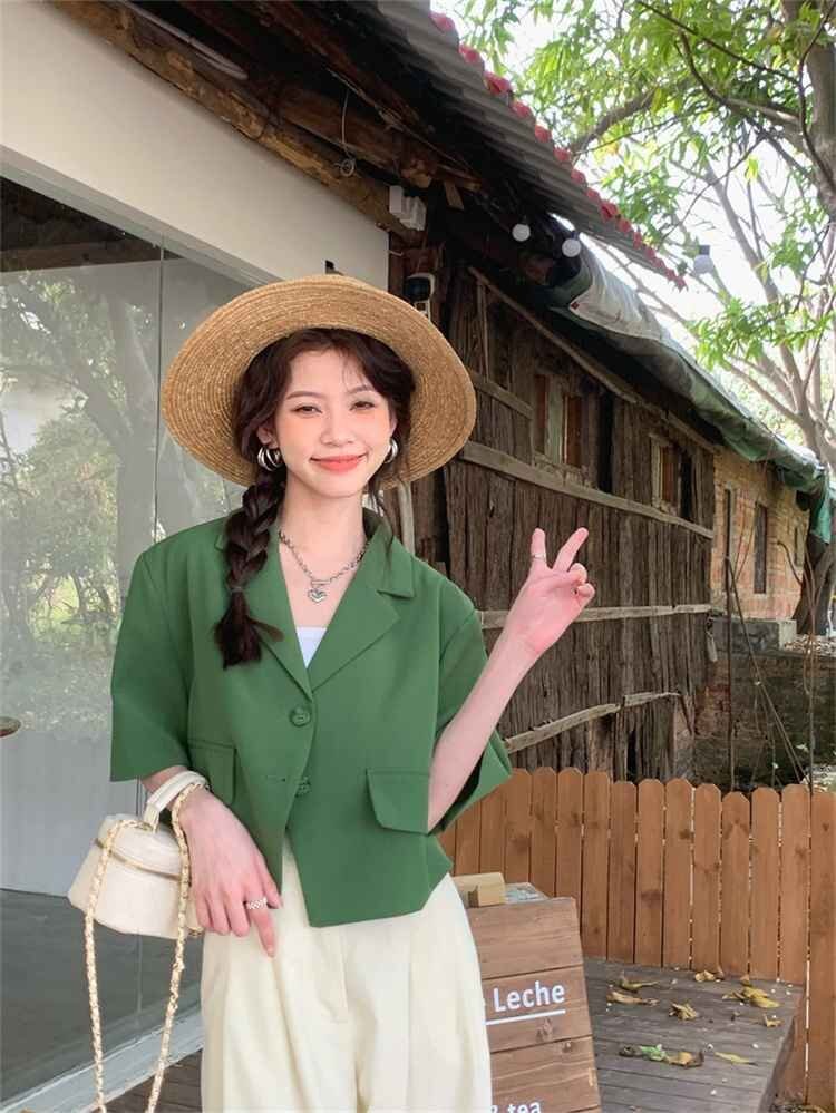 ショート丈トップス アウター 半袖ジャケット きれいめ カジュアル レディース フリー グリーン拍卖