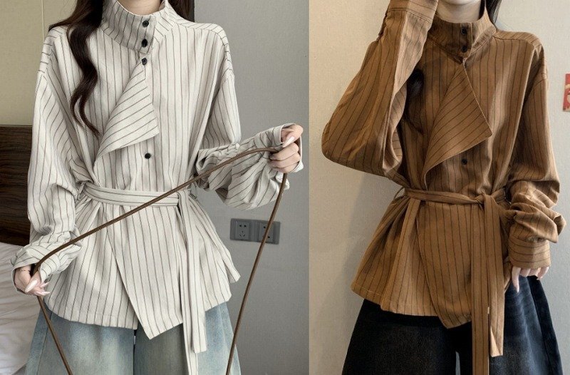 長袖シャツ 切り替え バイカラー 体型カバー 着痩せ ストライプ柄 フリー オフホワイト拍卖