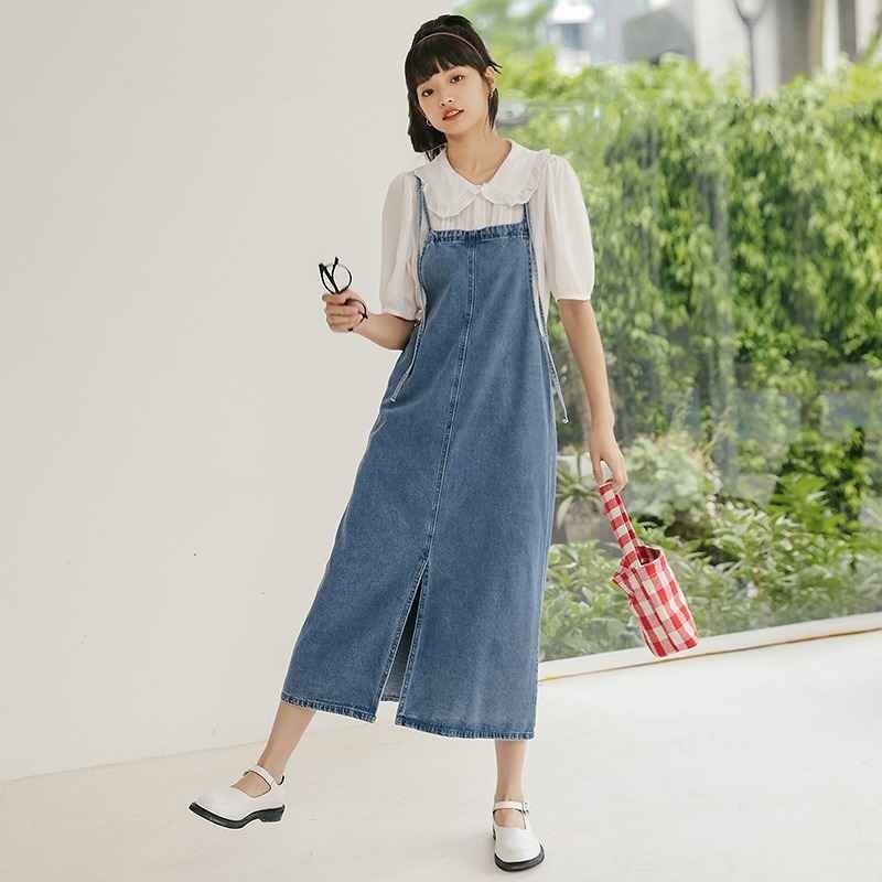 デニムワンピ ノースリーブ 切り替え 体型カバー 着痩せ スリット デニム シンプル L ブルー拍卖