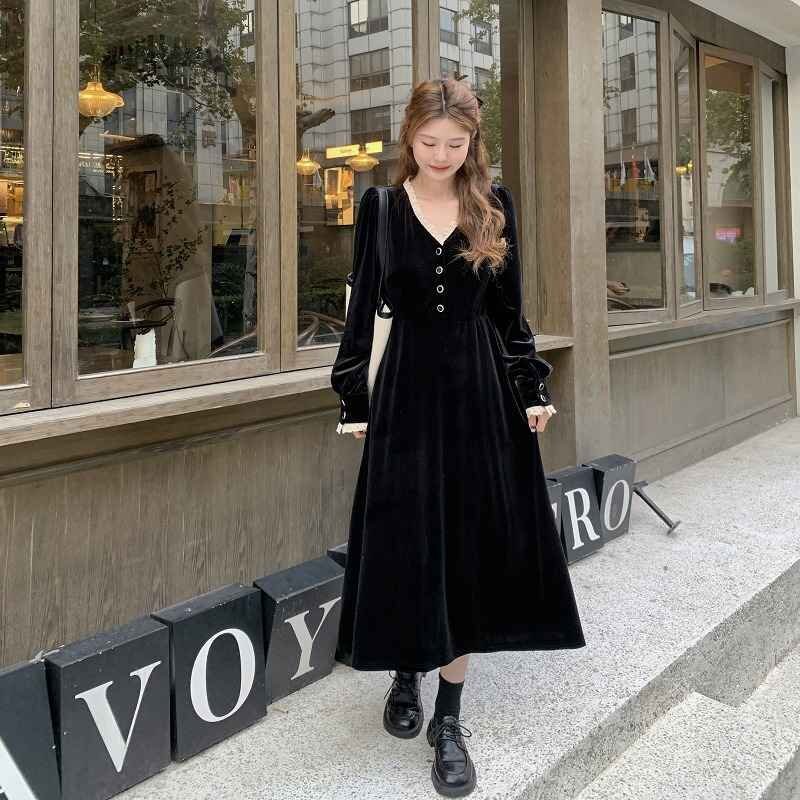 長袖ワンピース フリル ひざ丈ワンピ かわいい レトロ 秋冬【大きいサイズあり】 3XL ブラック拍卖